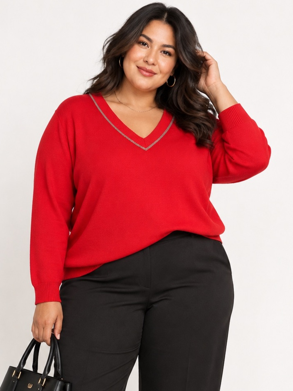 Investments Woman Red V Neck Sweater 2X Metallic Trim NWT Plus Size